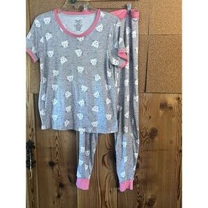 Pillow Talk Cats Hearts Knit Pajama Set Womens Size M Gray Pink White Soft